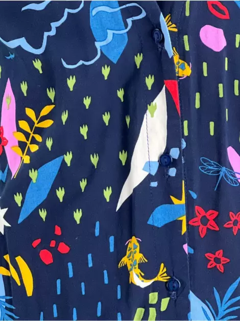 Vestido Cantão Amarração Estampado Azul Marinho