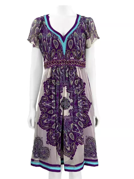 Vestido Nicole Miller Seda Roxo Estampado