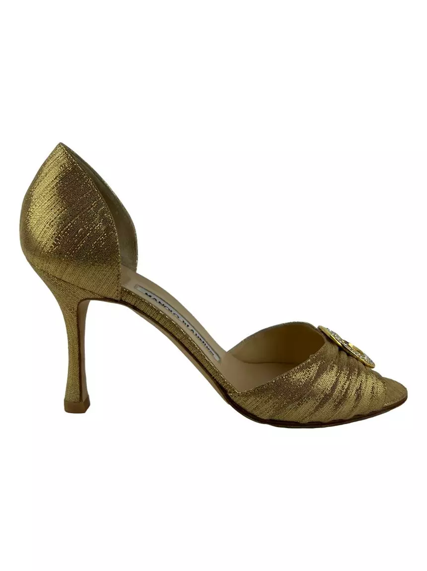 Sapato de Salto Manolo Blahnik Peep Toe Dourado - BCH6074 Sapato de Salto Manolo Blahnik Peep Toe Dourado - BCH6074