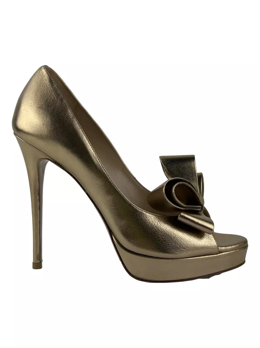 Sapato de Salto Valentino Bow Peep Toe Dourado BCH6093 Original