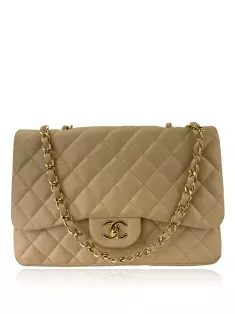 Bolsa Tiracolo Chanel Double Flap Jumbo Caviar Bege - CNN151