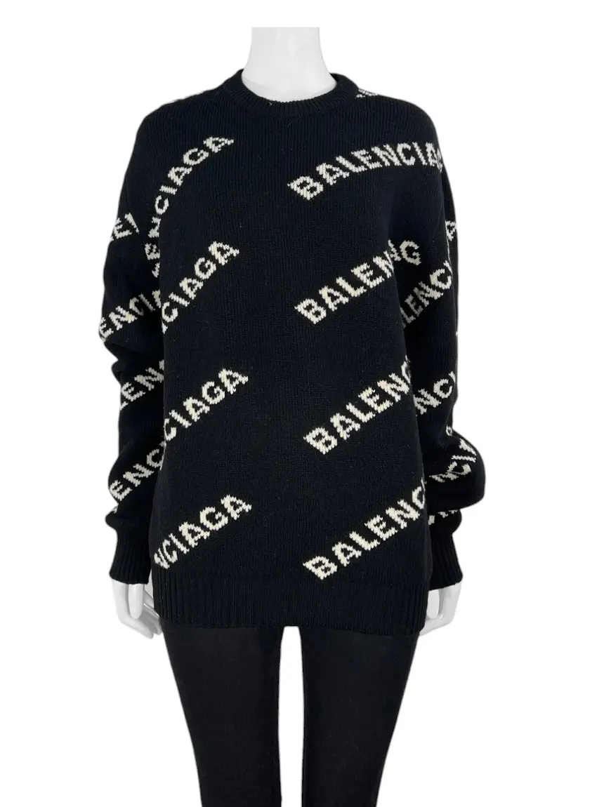 トップス balenciaga logo knit sweater Suéter Balenciaga Tricot Logo Preto - CMAR60 Original | Etiqueta Única