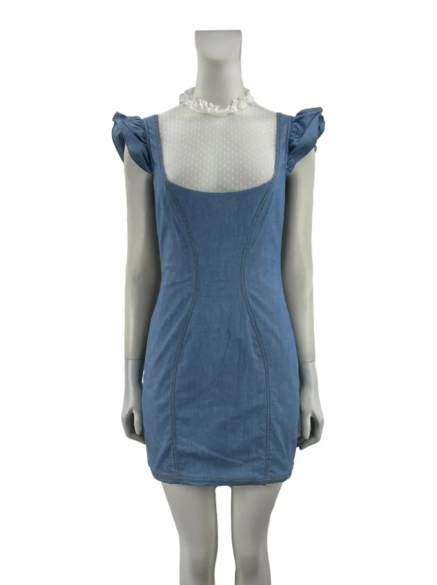 alessandra rich denim dress Alessandra Rich Denim Mini Dress With Frayed Volant in Blue