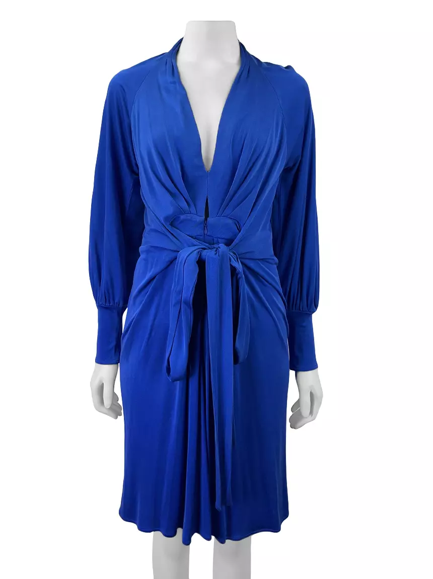 blue issa london dress ISSA LONDON Blue Printed Ruched Side Santa Fe Viscose Jersey Dress UK 12