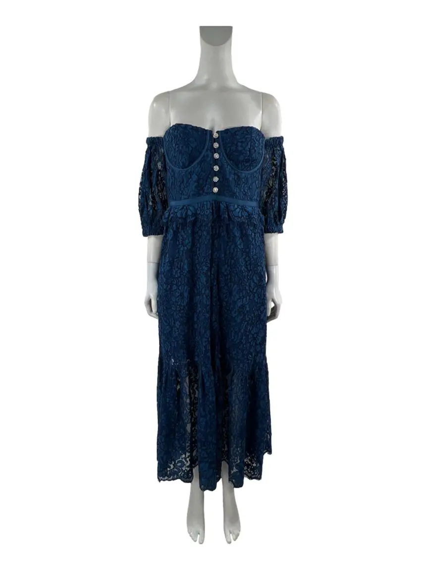 Vestido Self-Portrait Corded Lace Midi Petrleo - CELO140 Original | Etiqueta nica Vestido Self-Portrait Corded Lace Midi Petrleo - CELO140 Original | Etiqueta nica